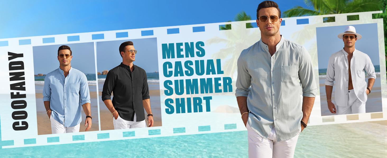 COOFANDY Men's Shirt Long Sleeve Linen Shirt Band Collar Button Down Shirts Oxford Dress Shirt