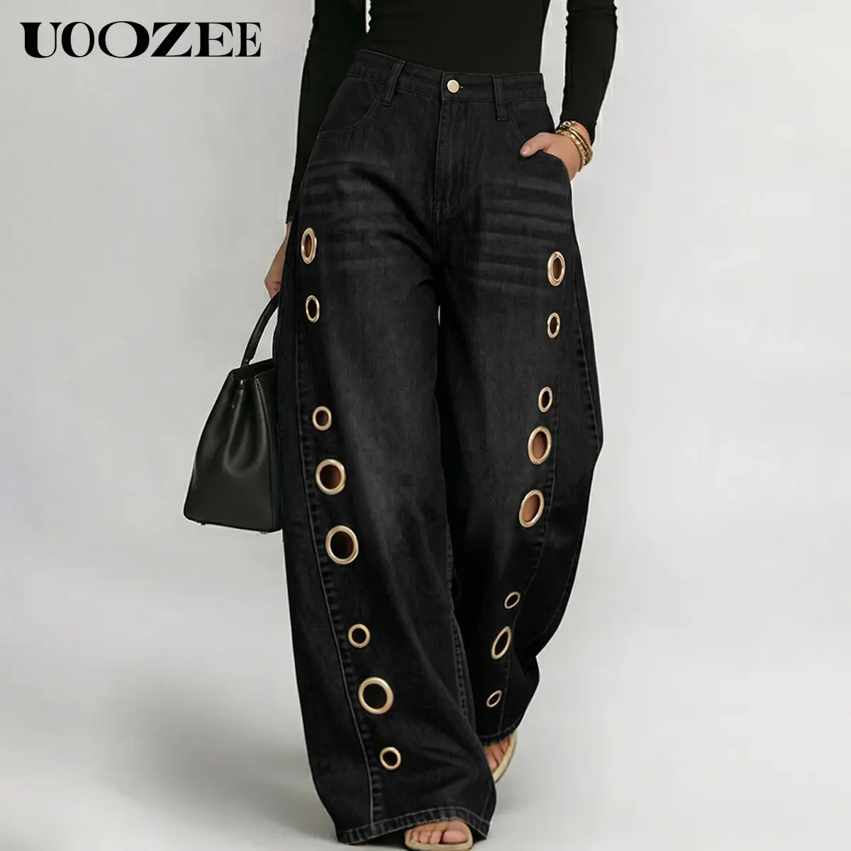 UOOZEE Women's Fall Jeans 2026 New High-Waist Buttoned Geometric Hollow Pocket Loose Cotton Denim Trousers, Casual Wear Everyday Bottoms with Eyelet Cutouts- Pair with Top, Tank Top,back to school shopping