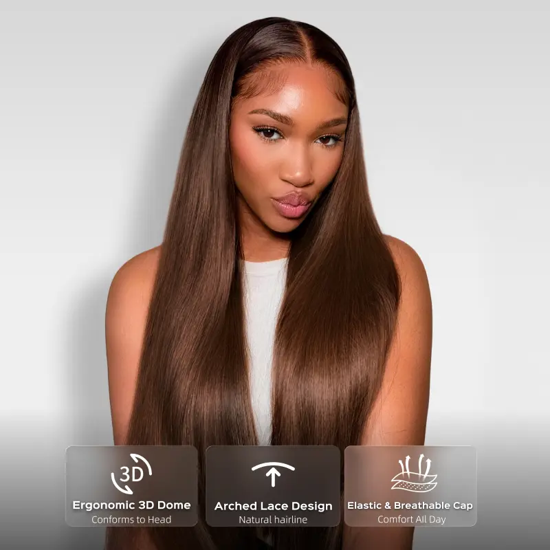 [Chocolate Brown] Megalook #4 Brown 13x6 HD Lace Frontal Wigs Straight 180% Density Put on Go Glueless Wig Human Hair Pre-plucked Natural Hairline With Drawstring Band Hand Tied Wig Kinky Curly Wig
