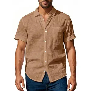 Men's Solid Color Linen Shirt, Loose Casual Short Sleeve Pocket Shirt for Summer, Men's Top for Daily Wear, Tropical