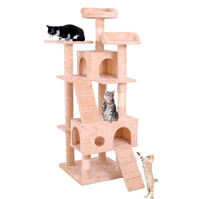 PINGO HOME Cat Tree Tower with Multiple Levels, Sisal Scratching Posts, Large Condo, Climbing Ladder, and Plush Toys for Indoor Kittens - Pink Color