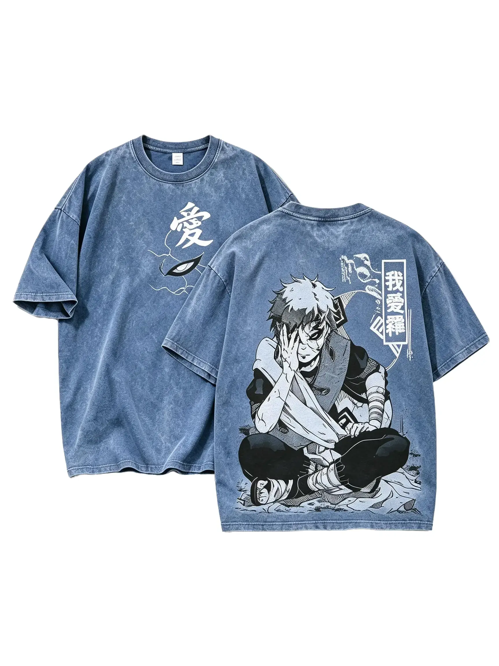 Gaara Naruto Manga T-Shirt Retro Acid Washed Oversized Short Sleeve Tee, Sand Village Shinobi Double Side Print Loose Cotton Top For Otaku Anime Street Outfit Trendy t-shirt Everyday t shirt