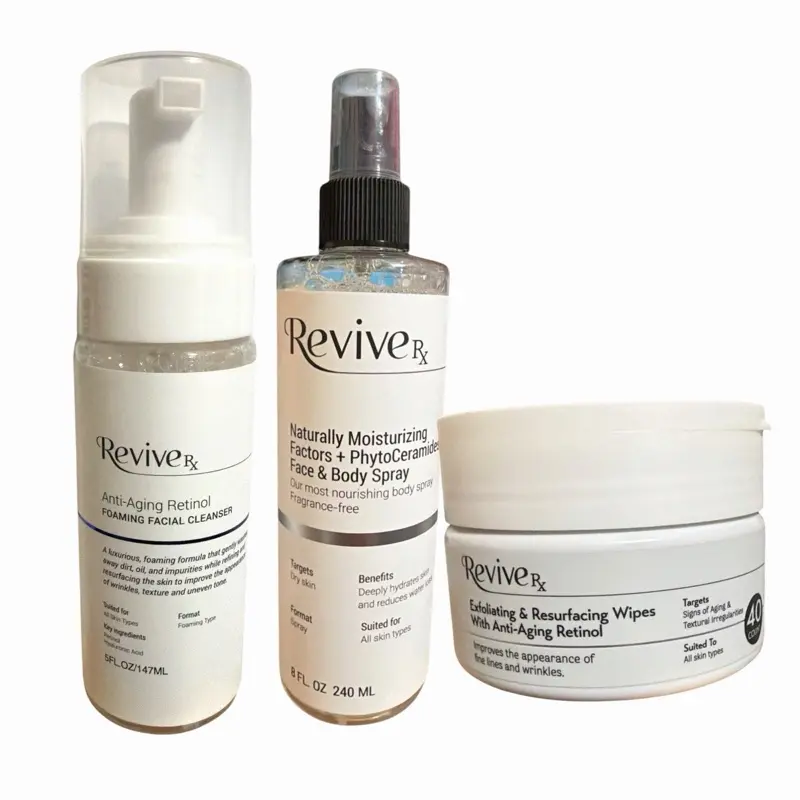 3-Piece Skincare Set - Revive RX Exfoliating Cleanser, Niacinamide, Retinol, Natural Moisturizing Factor, Phytoceramides for Hydrating, Anti-Aging Skin Repair