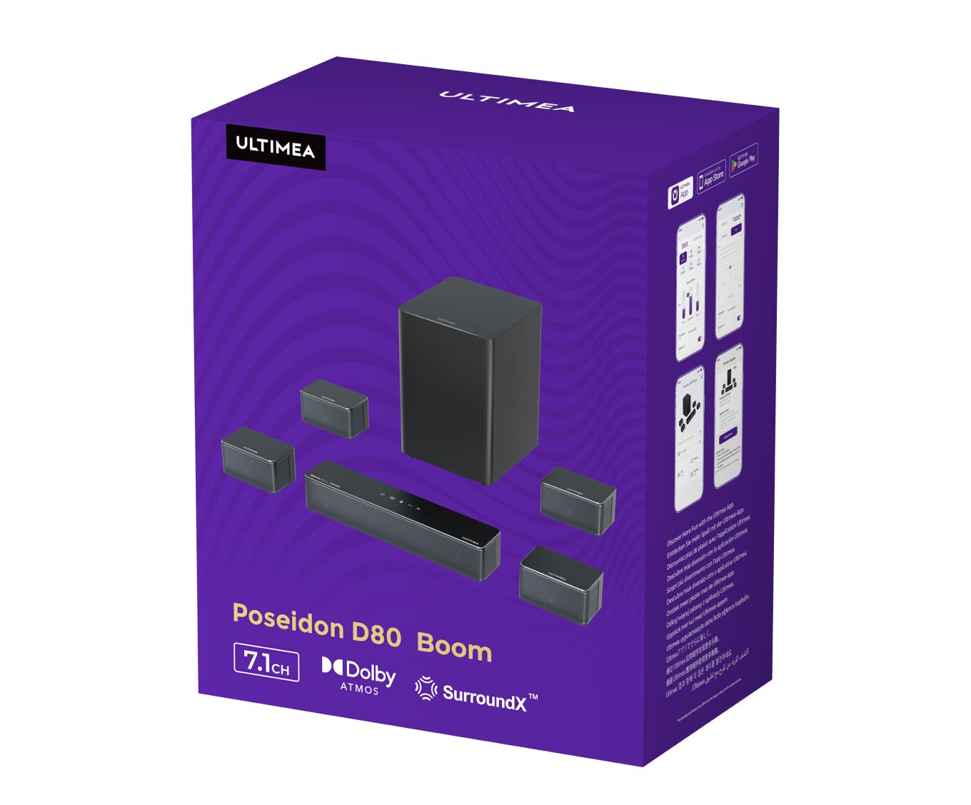 ULTIMEA Poseidon D80 BOOM Soundbar 7.1ch Dolby Atmos with Explosive Deep BASS Subwoofer, 4 Wired Surround Speakers, Subwoofer, HDMI eARC, Bluetooth & App Control – 2025 New Version Home Theater System for Powerful Surround Sound Experience, Black Friday