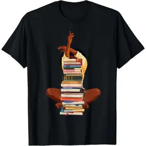 100% Premium Cotton T-shirt Black Woman And Books Stack Afro Girl Book Lover T-Shirt Cotton Casual Crewneck Sweatshirt Printed Design