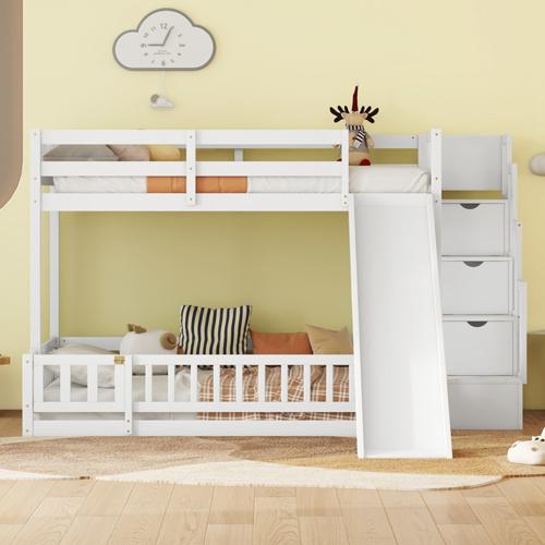 [Bellemave]Twin Over Full Bunk Bed with Slide, Storage Staircase, Pine Solid Wooden Bunk Bed with Safety Guardrails