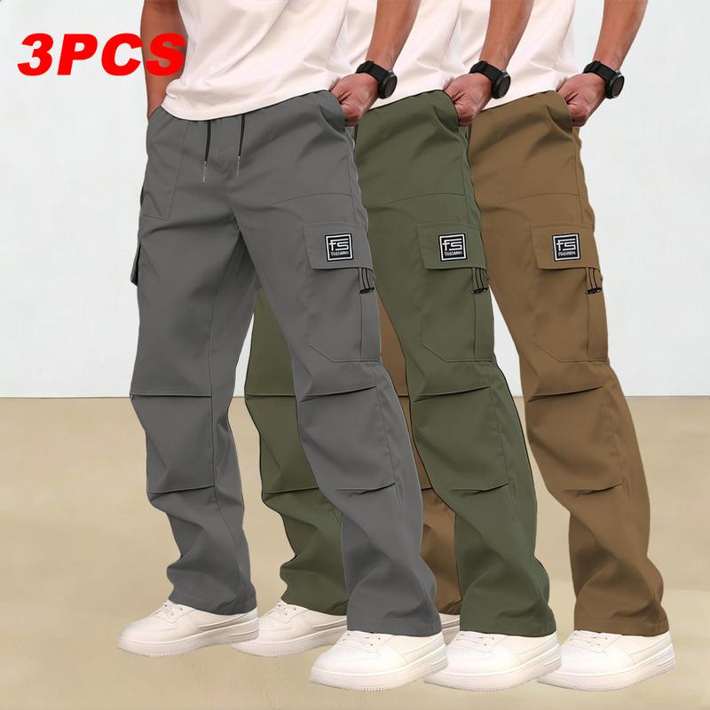 Men's multi-pocket work pants, 3-pack, suitable for all seasons and machine washable; mid-rise with drawstring closure; non-stretch polyester fabric; casual wear with pockets; versatile cargo pants