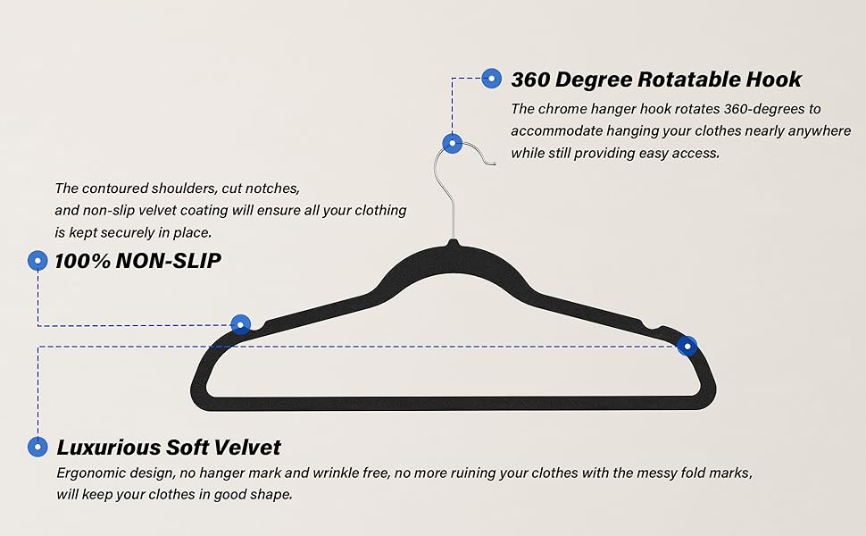 Simple Deluxe Velvet Hangers 30 Pack - Non-Slip Black Plastic with 360° Swivel Hooks for Heavy Duty Storage in Closet - Wooden