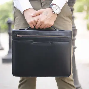 Premium Full Grain Leather Planner Bag,Black Executive Office Organizer for Laptop, iPad & Documents,Luxury Business Briefcase for Men & Women
