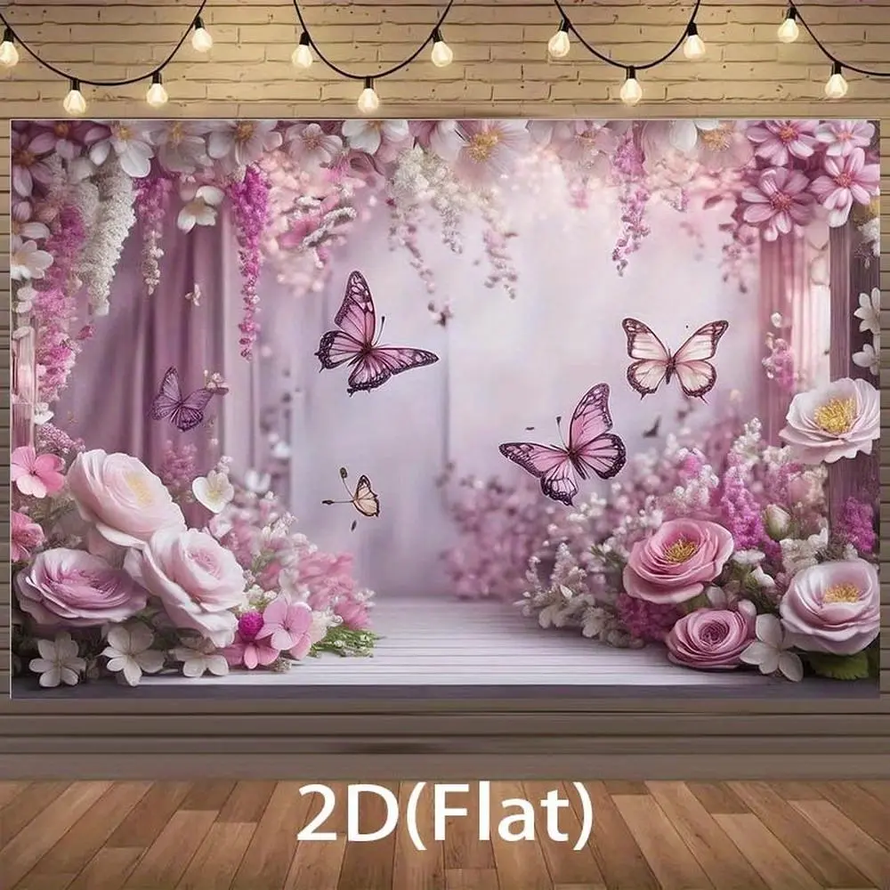 1pc Polyester Romantic Floral Banner - 2D Flat Design with Pink Roses, Butterflies, Accents - Wedding Wall Decoration, Pastel/White Wedding, Birthday Photo Backdrop (Home & Festive Party Supplies)
