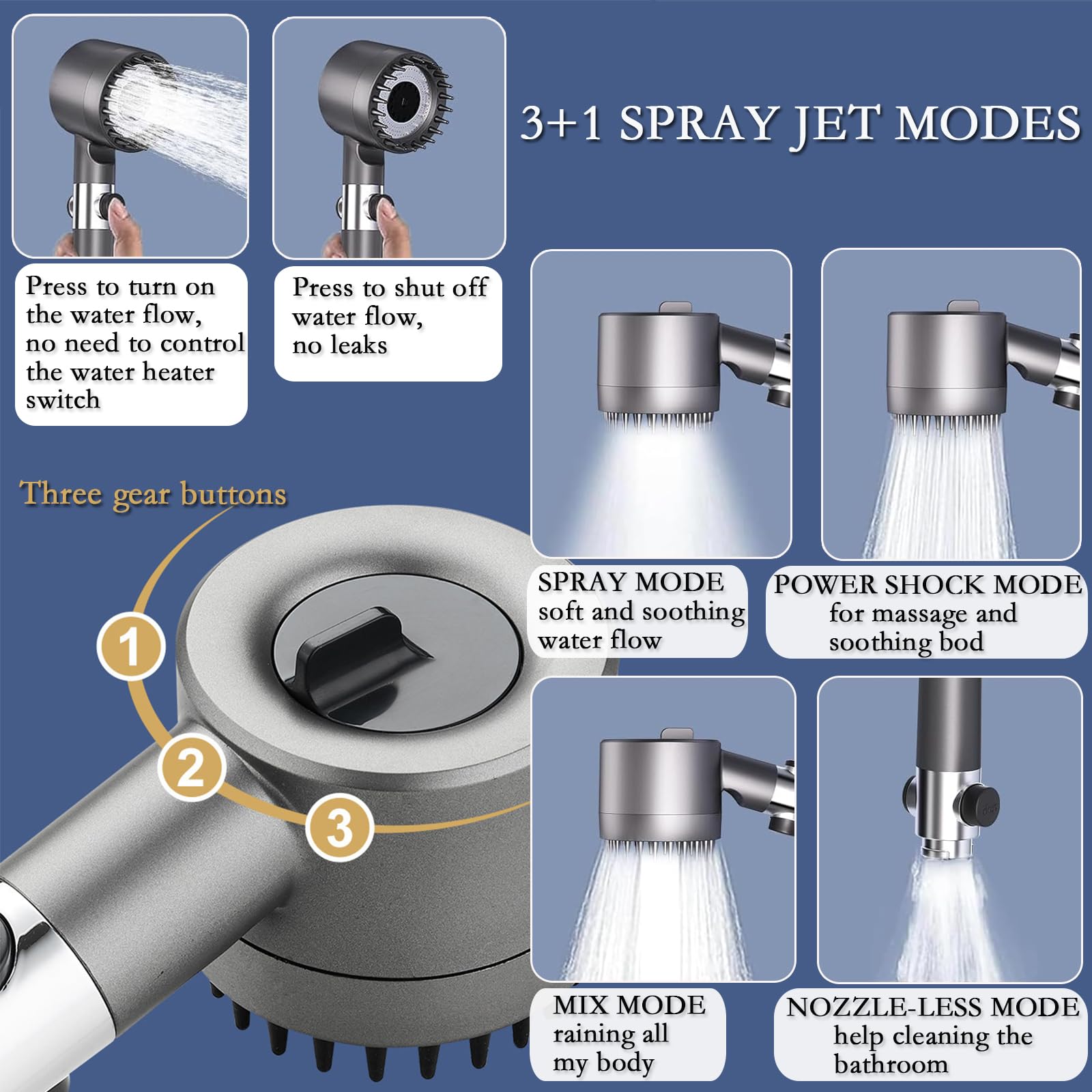 Multifunctional Massage Shower, Handheld High Pressure Shower Head,Massage And Skin Beauty Multifunctional Shower, 3 Settings 4 in 1 Detachable Showerhead with 47" Hose, Bracket and 5Filters hard water small  business  must  haves