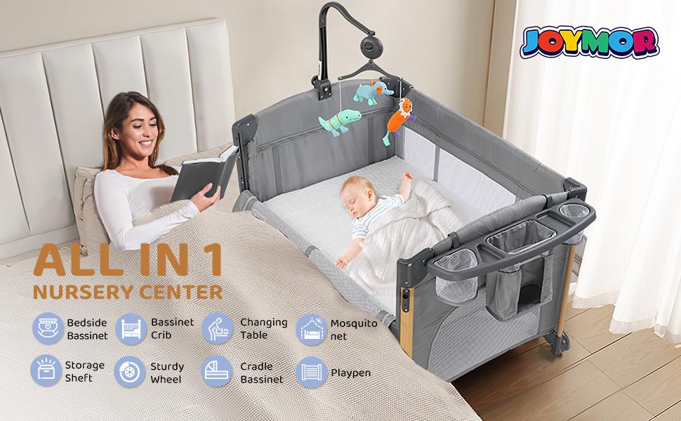JOYMOR 7 in 1 Bedside Bassinet with Changing Table, All in One Nursery Center, Bedside Sleeper with Mattress, Sheet, Canopy, Storage Shelf and Hanging Toy