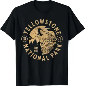 Classic Yellowstone Wyoming Wolf Graphics Prints Cotton Shortsleeve Garment, Vintage Casual Sports Outdoor Hike T-Shirt