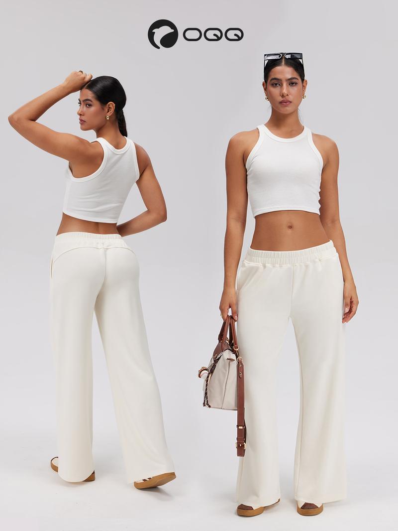 OQQ Women's Low Waist Wide Leg Lounge Pants With Pockets Soft Stretchy Casual Sweatpants Basic Comfort Straight Pants Everyday Bottom Minimalist Trouser