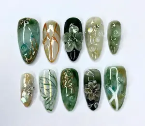 Aura Nails - Dark Green Flower 3D Gel Press On Nails, Handmade Y2k 3D Gel Faux Acrylic , Custom Nails, Fake Nails, Prom, Event, Birthday Nails, Luxury Nail