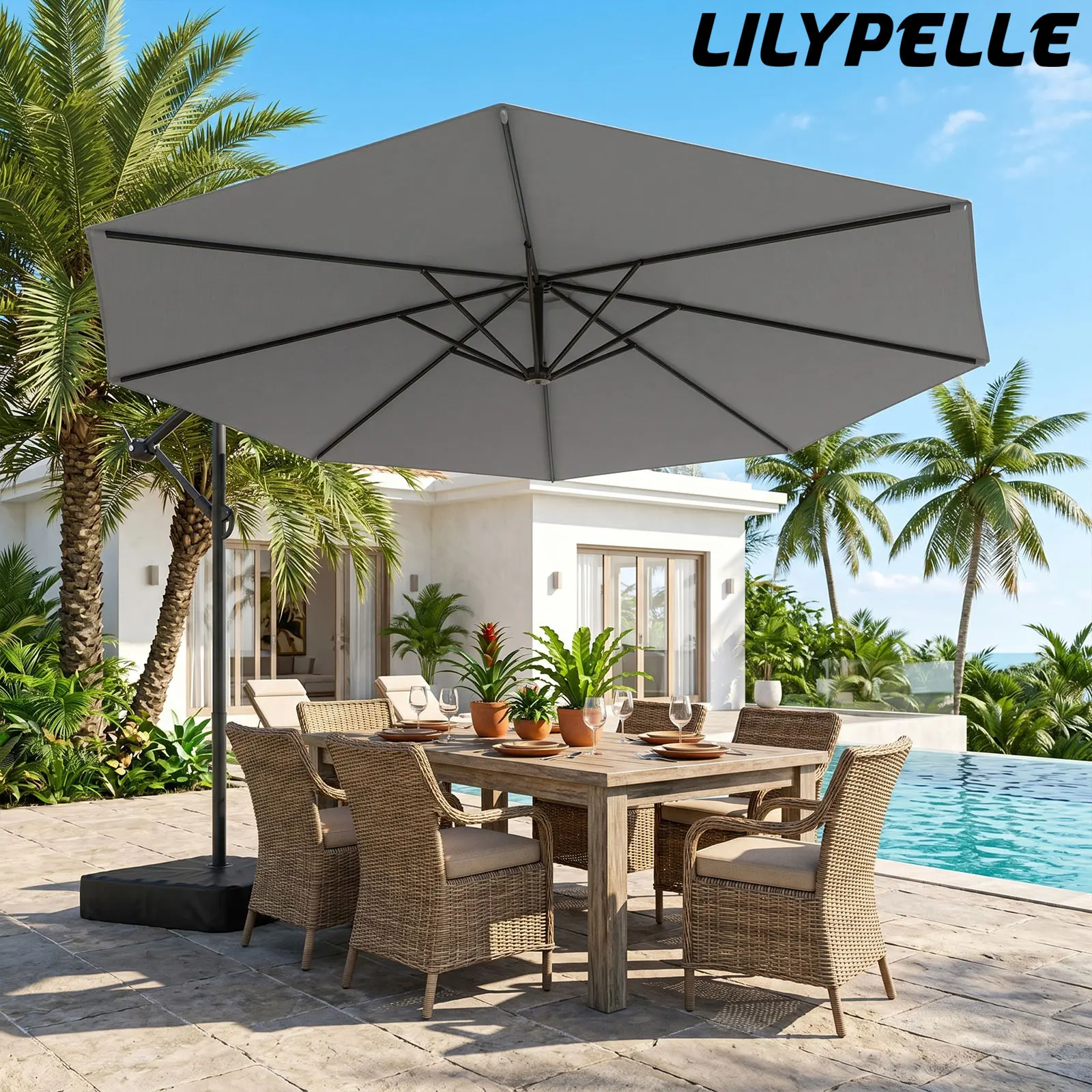 Lilypelle Offset Patio Umbrella with Base,99% UV Blocking Waterproof Outdoor Umbrella for Patio Garden Pool， 10ft，45° Tilt Cantilever Umbrella, summerwins,home decor,camping essentials deskmakeover