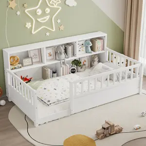 A twin-sized wooden floor bed with a fence-style guardrail, side storage decorative function,