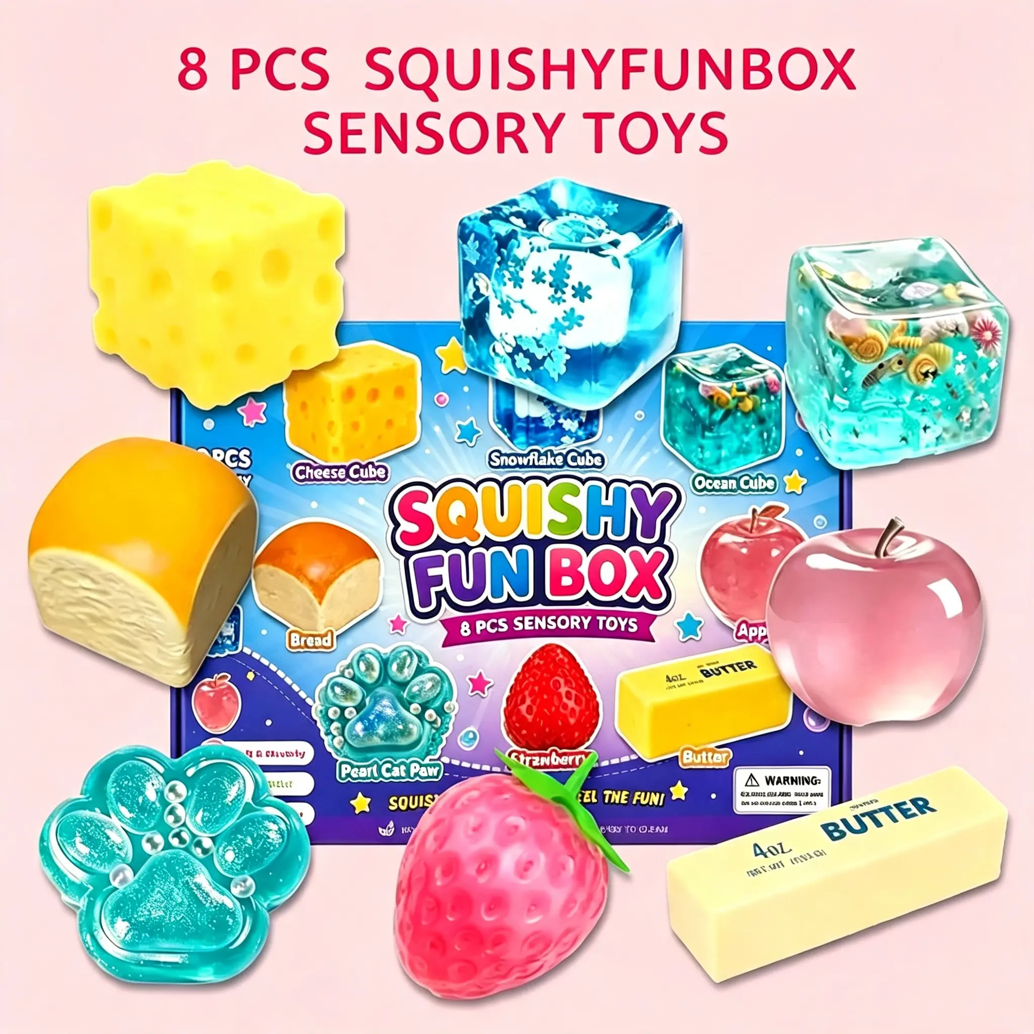 8-Piece Set Box Malt Sugar Stress Relief Fidget Toys, Sensory Bundle, Creative Slow-Return Squishy, Party Gift, 8 Different Styles