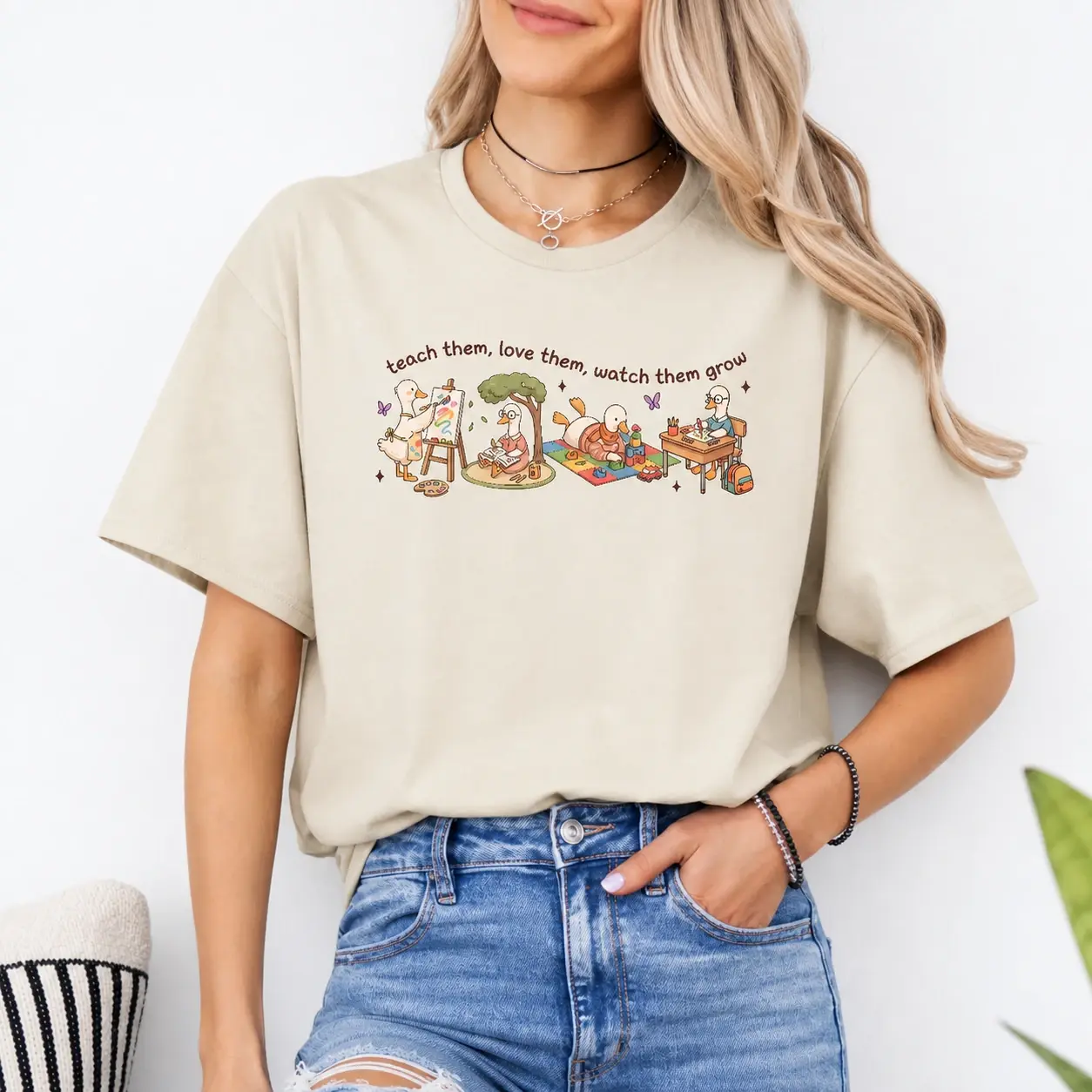 Elementary Teacher Shirt Teach Them Love Them Watch Them Grow Classroom Goose Art Back To School Teacher Gift Tee - BABINO HOUSE