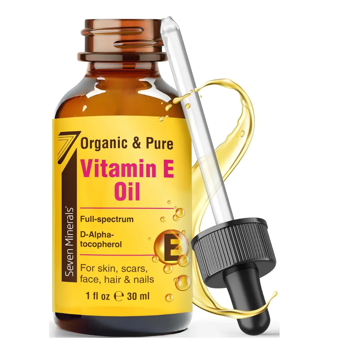 Seven Minerals Ultra Pure Vitamin E Oil - Full-Spectrum D-Alpha Tocopherol, 1 Fl Oz - 100% Organic Vitamin E Oil for Skin, Face, Hair, and Scars - Naturally Occurring = Not Synthetic