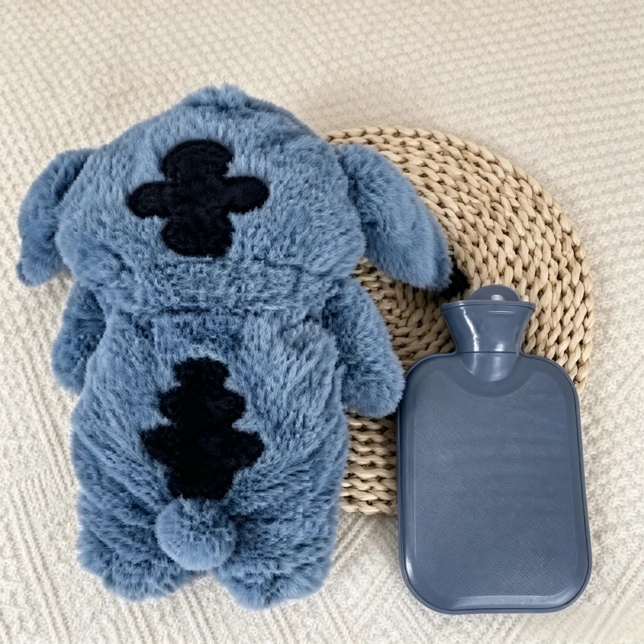 Cute Blue Plush Cover Hot Water Bottle Hand Warmer, Cotton Water-Filled Design, Cozy Cold Season Warm Gift Idea for Teen Girls & Young Women