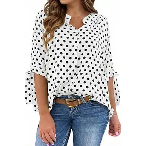 Cicy Bell Womens Polka Dot Blouse V Neck Bow Tie Cuff Half Sleeve Tunic Loose Fit Summer Casual Button Down Pleated Tops