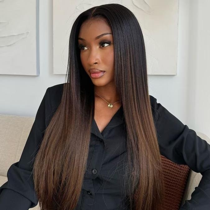 UNice Glueless Ombre Chestnut Brown Yaki Straight Wig with Drawstring Pre Cut 7x5 Lace Human Hair Wigs with Bleached Knots Beginners Friendly Natural Scalp