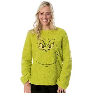 Dr. Seuss Adult Unisex GRINCH Who Stole Christmas Sherpa Pullover Long Sleeve Top For Women or Men