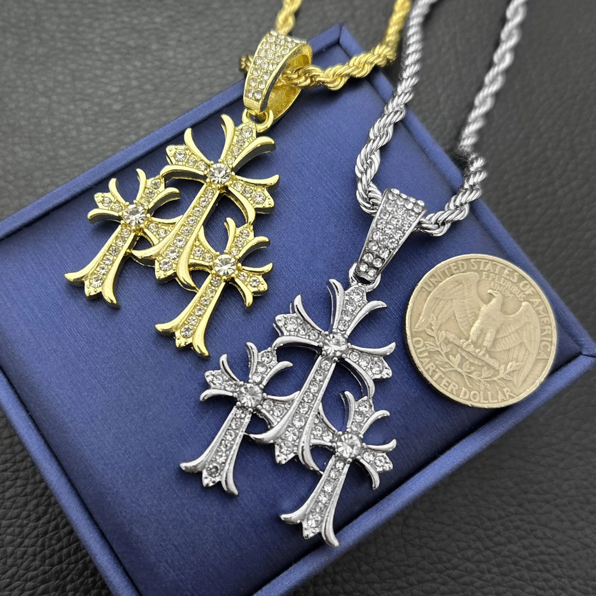 MaxBling81 Unisex Iced Triple Cross Necklace with Cubic Zirconia Stones, 4mm 24" High-Polish Rope Chain, Gold/Silver-Plated Celebrity Style Daily Cross Necklaces Costume Jewelry, Gold Or Silver, 40Mm X 30Mm