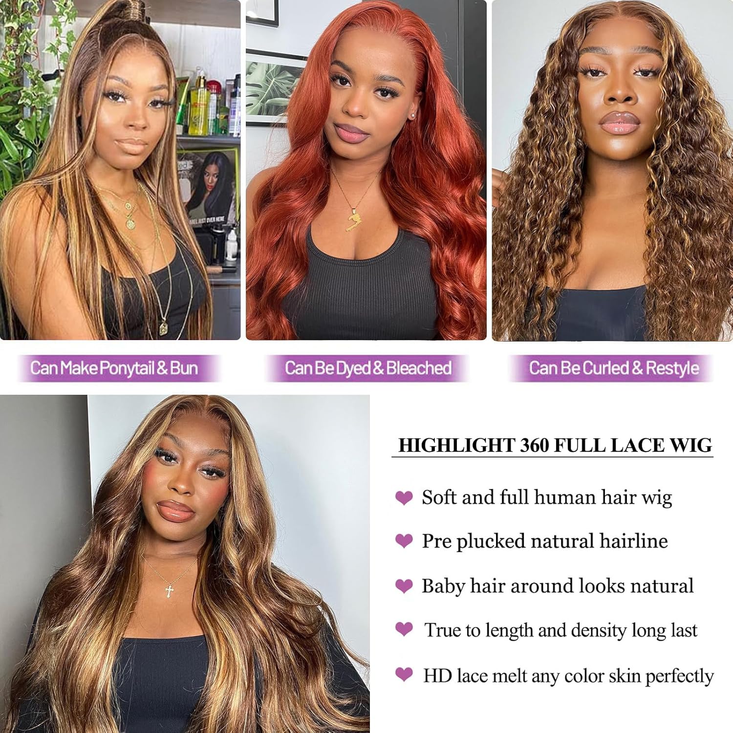 【30"=$107】Redice 360 Lace Front Wigs Human Hair Body Wave Wig Pre Plucked Glueless Wigs for Women Drawstring  Honey Blonde Ombre Frontal HD Lace Wig Human Hair 4/27 & Natural Black 180% Density