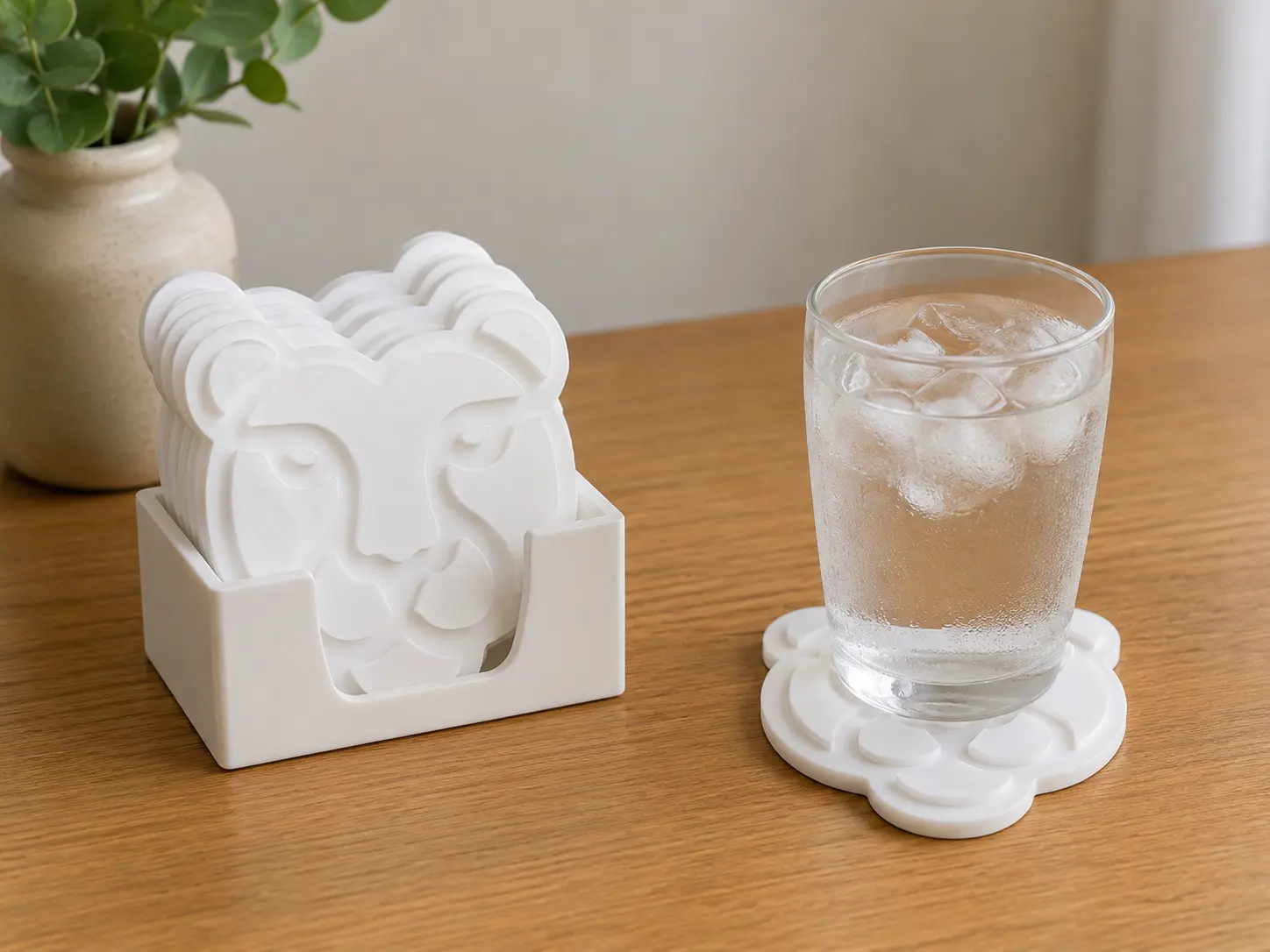 3D Printed Animal Face Coaster Set with Holder - Paintable White Finish
