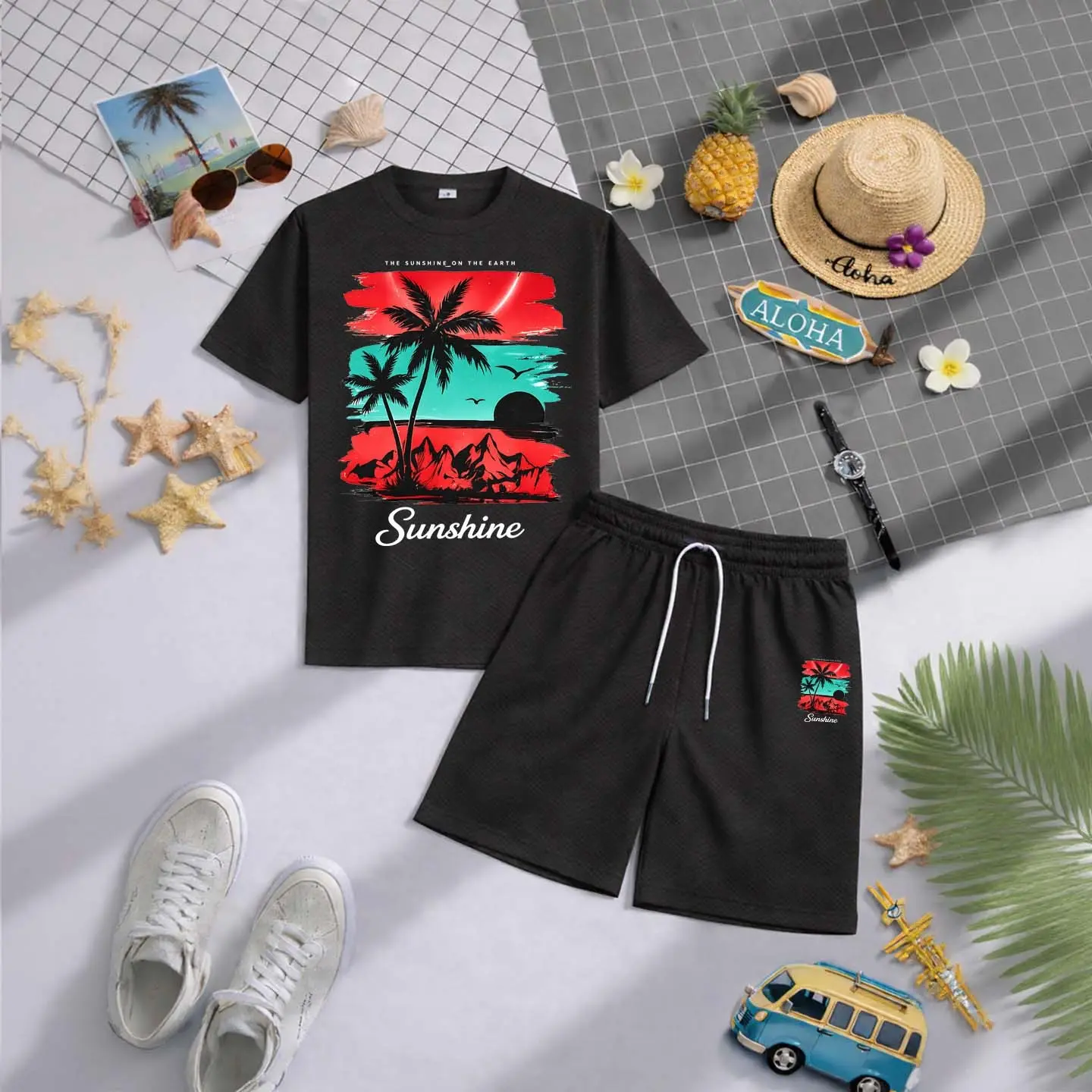 Men's Hawaiian Beach Short-Sleeved T-Shirt And Drawstring Shorts Set, Men's Clothing, Summer Casual Sports Short-Sleeved Top And Shorts, Men's Everyday Wear, Sportswear Set, Casual Summer Clothing.