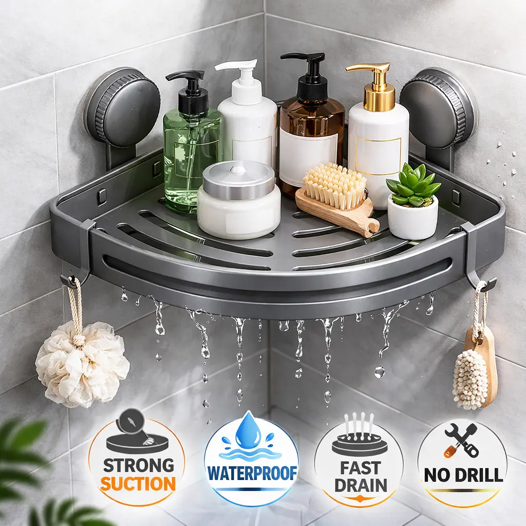3 Pack No-Drill Black Suction Corner Shower Caddy – Strong Suction Rustproof ABS Organizer, Triangular Waterproof Bathroom Necessities Shelf with Adjustable Hooks, Space-Saving Durable Shower Organizers for Bathroom, Kitchen & Toilet, DealsForYouDays