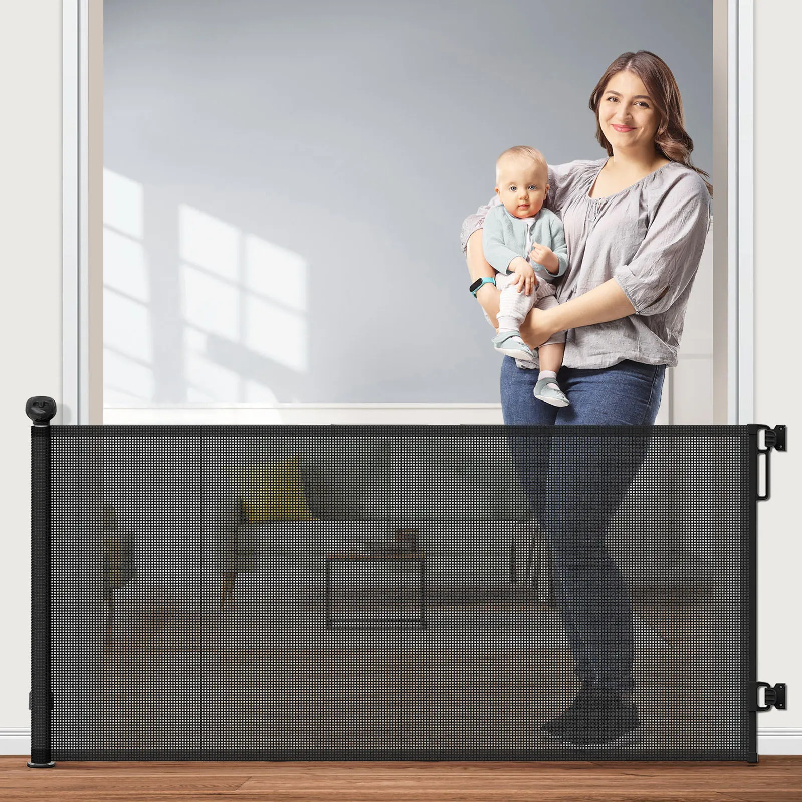 Petstars Retractable Baby Gate, Mesh Dog & Baby Gate 55" Wide 33" Tall Safety Child or Pet Gate for Indoor Outdoor Stairs, Doorways, Hallways, Deck