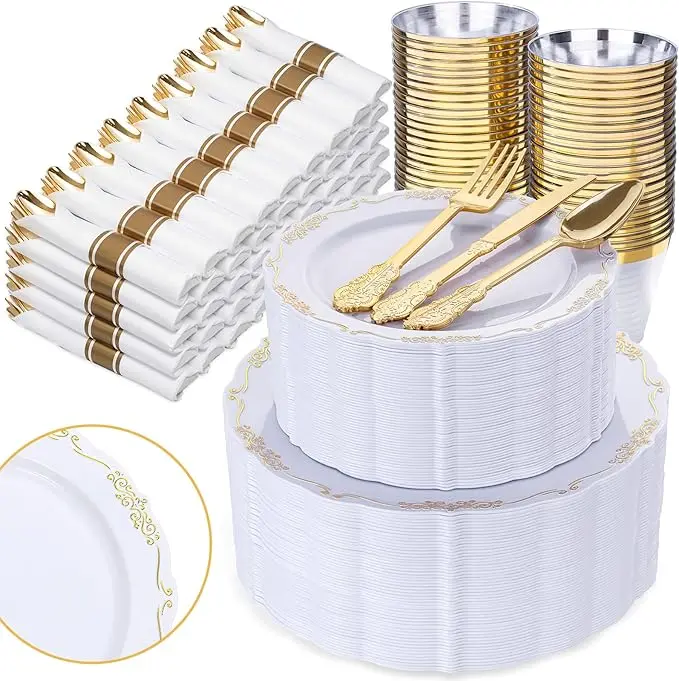 Gold Plates Disposable - Heavy Duty Gold Plates Including  Dinner &  Dessert Plates   gold Rim Cups & Cutlery Perfect for Upscale Party, Wedding