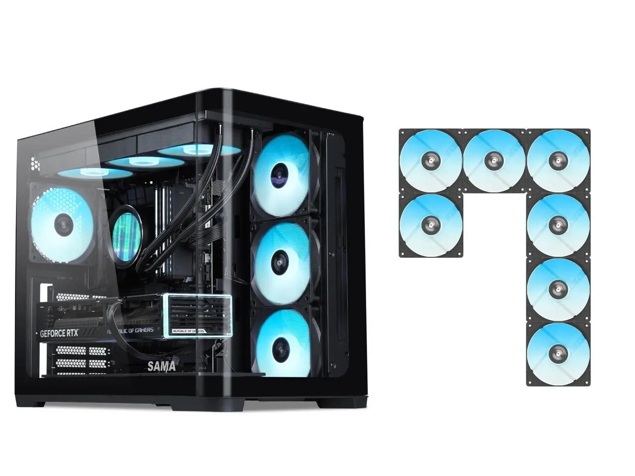 SAMA V60 PC Case, Mid-Tower Computer Case, A Curved Tempered Glass, 7 Pre-Installed ARGB PWM Fans and Fan Hub, USB Type-C, ATX/MATX/ITX Back-Connect Support, 360mm Liquid Cooler Compatible, Black