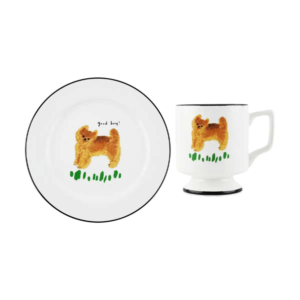 POLAATHOME Korean Mummur Pomeranian Mug & Saucer Set - Adorable Dog Lover Gift, Ceramic Coffee Cup & Tea Plate
