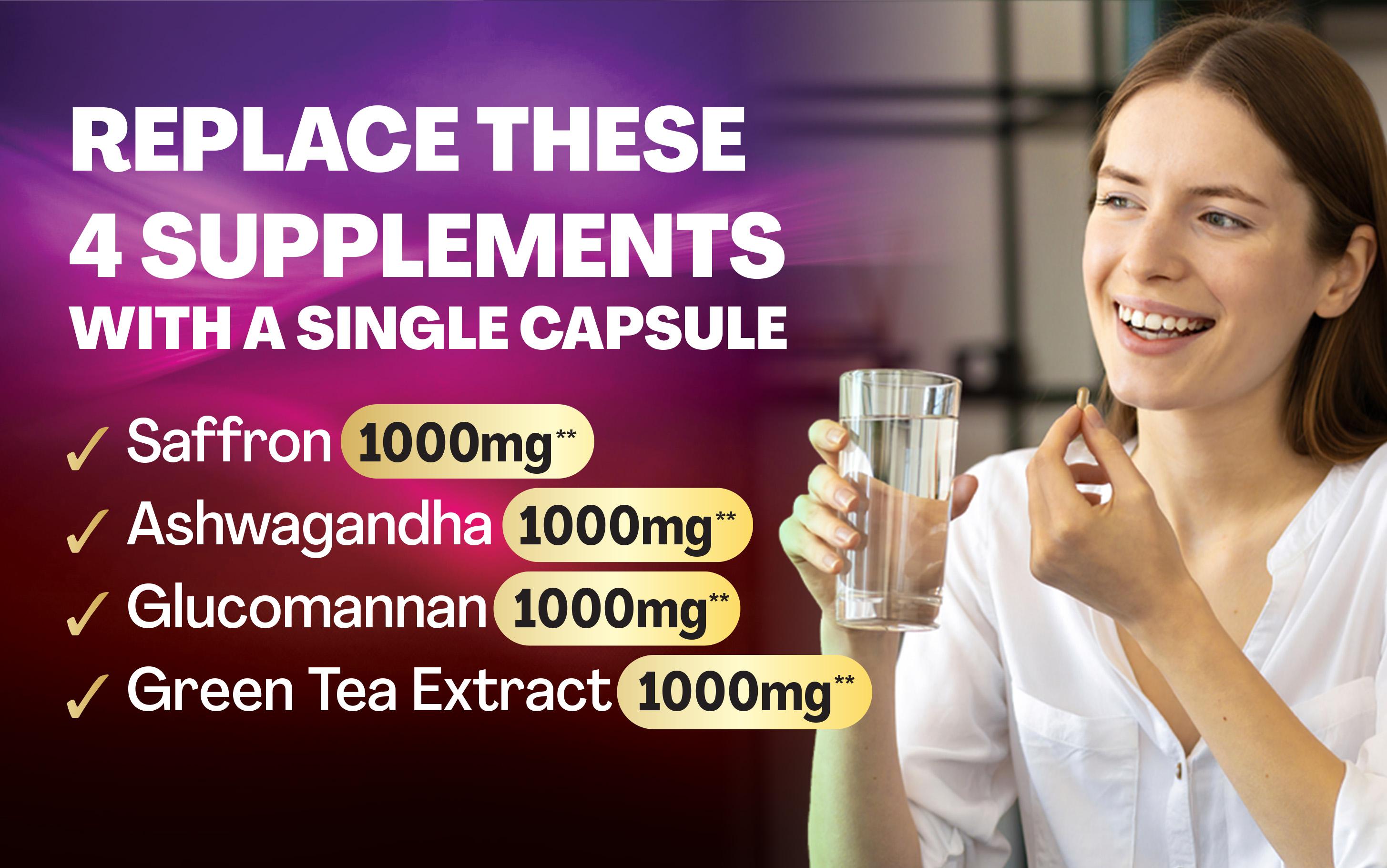 Zoyava Saffron All-in-One Supplements - Extra Strength Formula with Glocomannan, Ashwagandha, & Green Tea Extract for Happier You - 60 Capsules - Made in USA