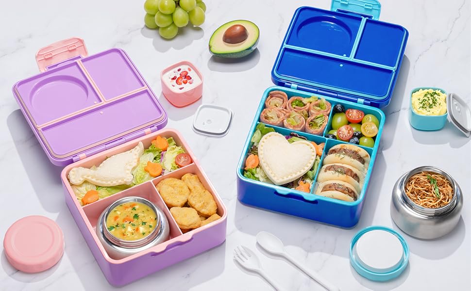 Back to school gift,Fimibuke Bento Box with Thermos, 3-4 Compartment 60OZ Lunch Box Container with Leakproof 8OZ Insulated Food Jar, Sauce Jar, Utensil for School BPA-Free Dishwasher Safe,Funny patterns
