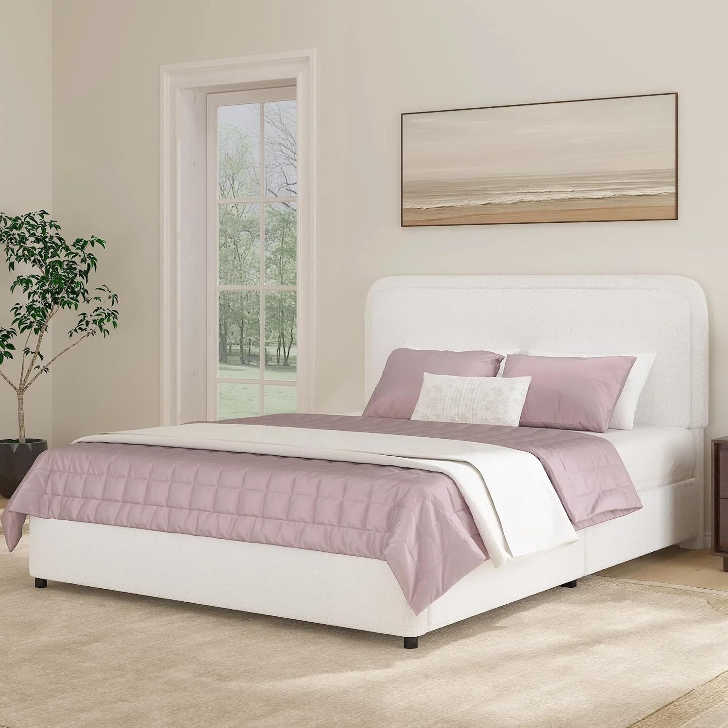 HOMBCK Bed Frame, No Mattress, Boucle Upholstered Platform Bed Frame, Modern, Rounded Corners, Noise Free, Easy Assembly