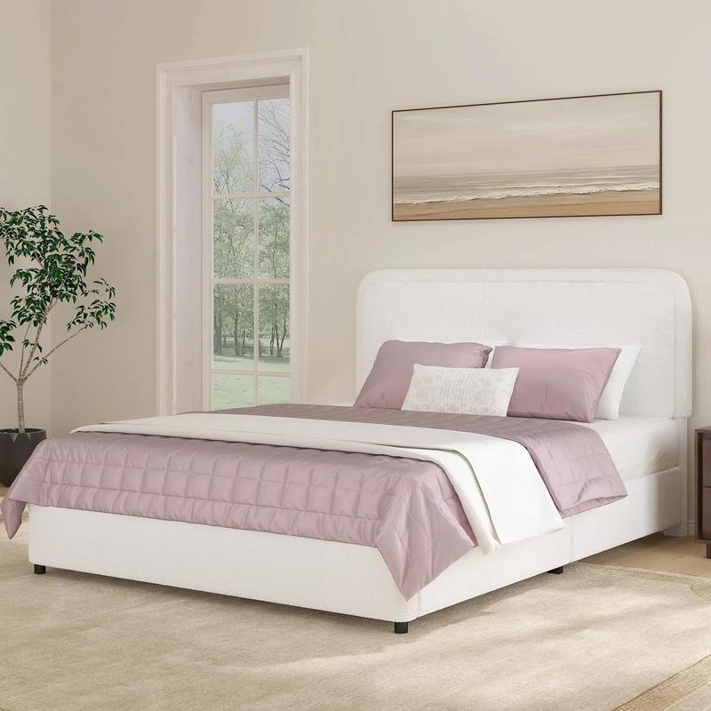 HOMBCK Bed Frame, No Mattress, Boucle Upholstered Platform Bed Frame, Modern, Rounded Corners, Noise Free, Easy Assembly