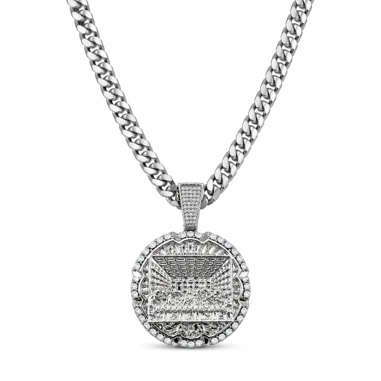 Elegant Silver Color Chain Necklace with Intricate Design and Sparkling Details for Men and Women