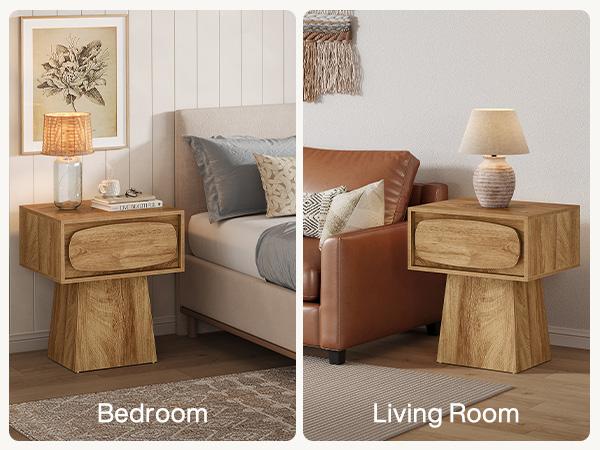 LITTLE TREE Nightstand Bed Side Table with Drawer Storage, Night Stand for Bedroom, Hallway, Mid Century Modern Nightstands, 21.6" Small Dresser with Natural Wood Grain Print, Bedside Furniture Table