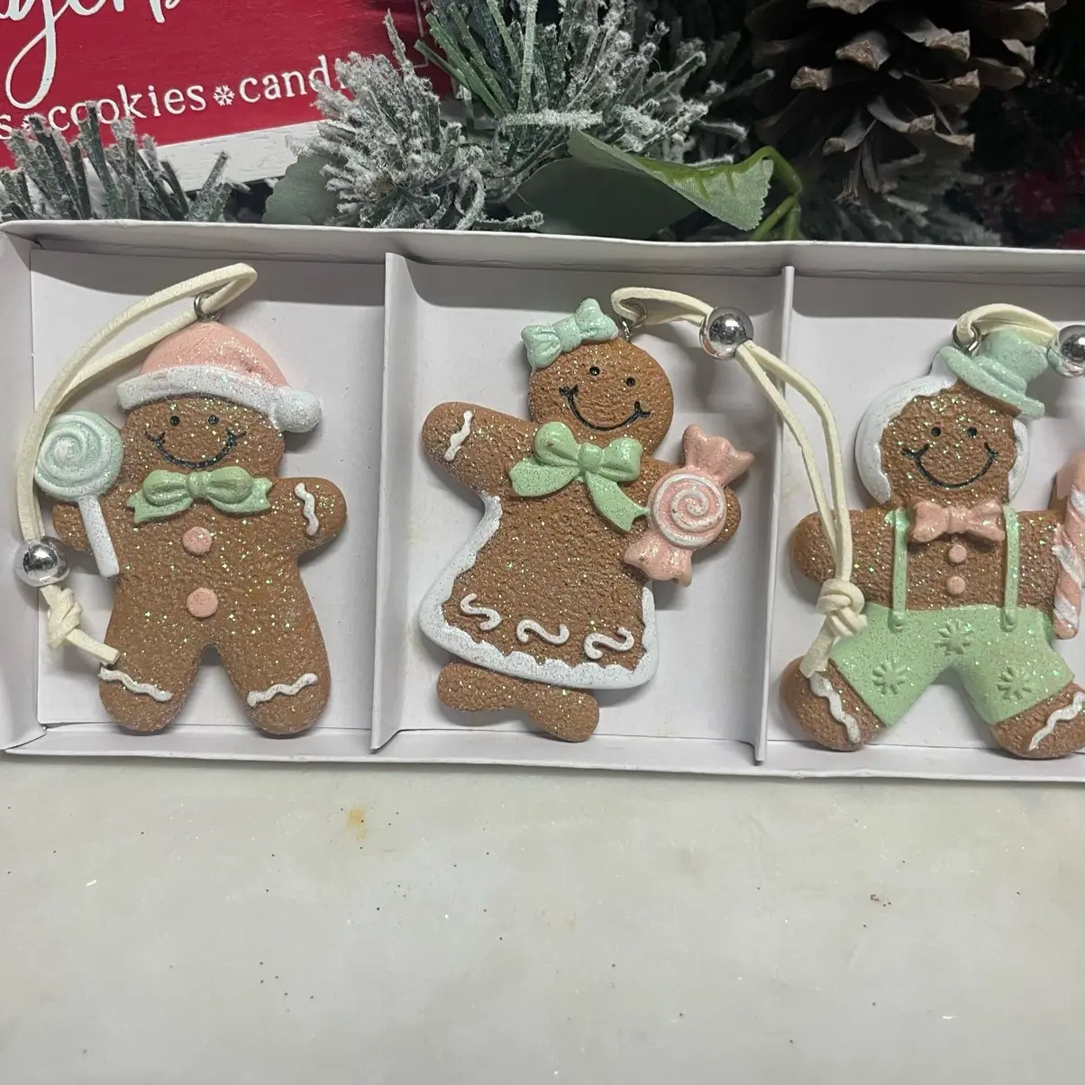 Set of 3 Sparkly Gingerbread Boy and Girl Christmas Tree Ornaments Set with Adjustable Silver Balls and Leather String Holders