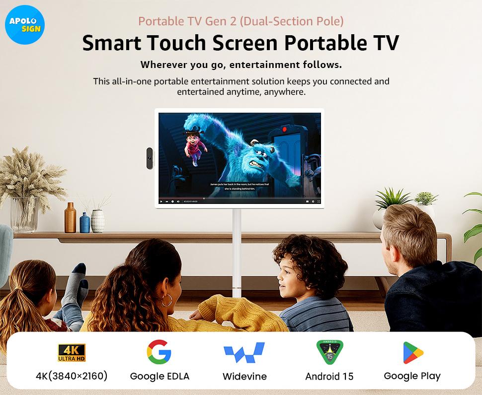 2026 Apolosign Gen 2 Portable TV, Ultra-Large 15000mAh Battery, 24 inch 32 inch True 4K UHD Portable TV, 16(8+8)GB+256GB, Google EDLA-Certified Android 15 OS, Touch Screen, Voice Remote Control, Support Google&Apolosign Calendar