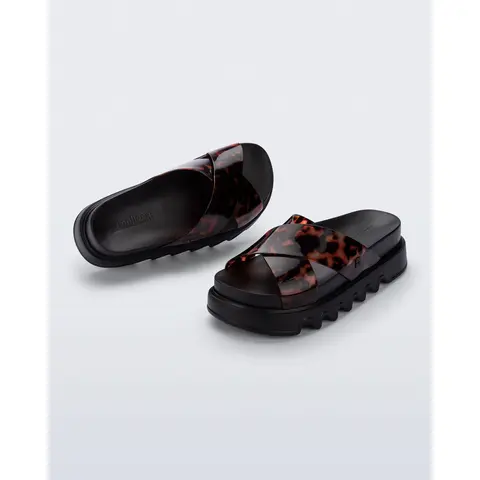 Melissa Women's Black/Tortoise Casual Cozy Cross-Platform Block Heel Sandals - Open Toe, Wavy Soles, Stable X-Shaped Chunky Straps, Bold Lines, Summer Fashion Footwear, X-Shaped Straps