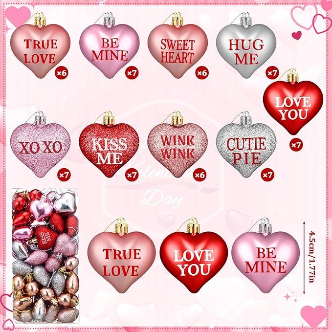 60 Pcs Valentine's Day Heart Shaped Hanging Ornaments with Love Letter for Valentines Tree Birch Tree, Red Pink Silver Glitter Heart Baubles Romantic Atmosphere Valentines Decor for Tabletop Bedside Bedrooms Room Mantle Birthday Wedding Party Home Decor