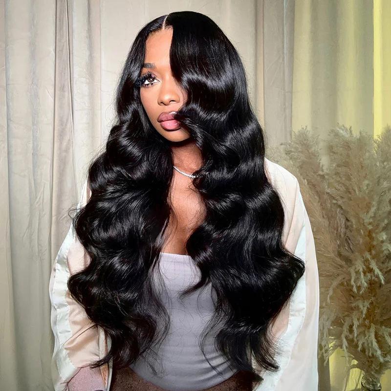 Mamushow 200% Density #4 Chocolate Brown & #1 Jet Black 13x6 Body Wave Full Lace Frontal Human Hair Wigs Wavy Natural Appearance Substantial Comfortable Fit