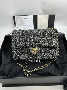 Pre-owned CHANEL Tweed Sequin Classic Flap Bag with Microchip and Full Set 99% NEW 2024 receipt