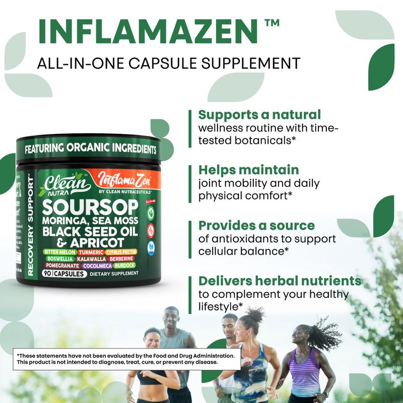 Clean Nutra Soursop, Moringa, Sea Moss, Black Seed Oil & Apricot for Inflammation and Recovery Support - InflamaZen